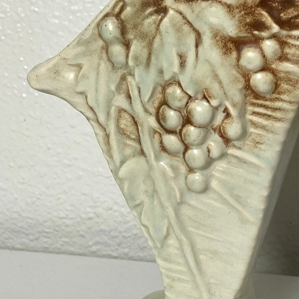 Vintage McCoy Art Pottery Vase Grapes & Leaves Light Blue & Brown Rustic 1940s